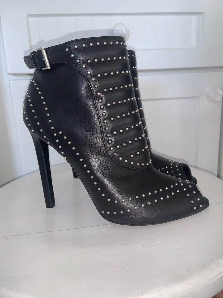 Alexander McQueen Black Leather Ankle Boots Studded Peep Toe Size 38 1/2 - Image 3 of 4