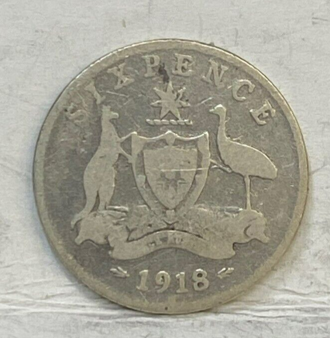 AUSTRALIA 1918 SIXPENCE RARE KEY DATE, THICK RIM 4 PEARLS HIGH