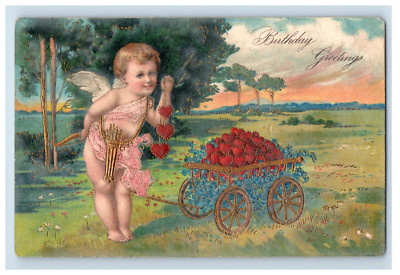 Circa 1910 Birthday Cupid Hearts Postcard F43E