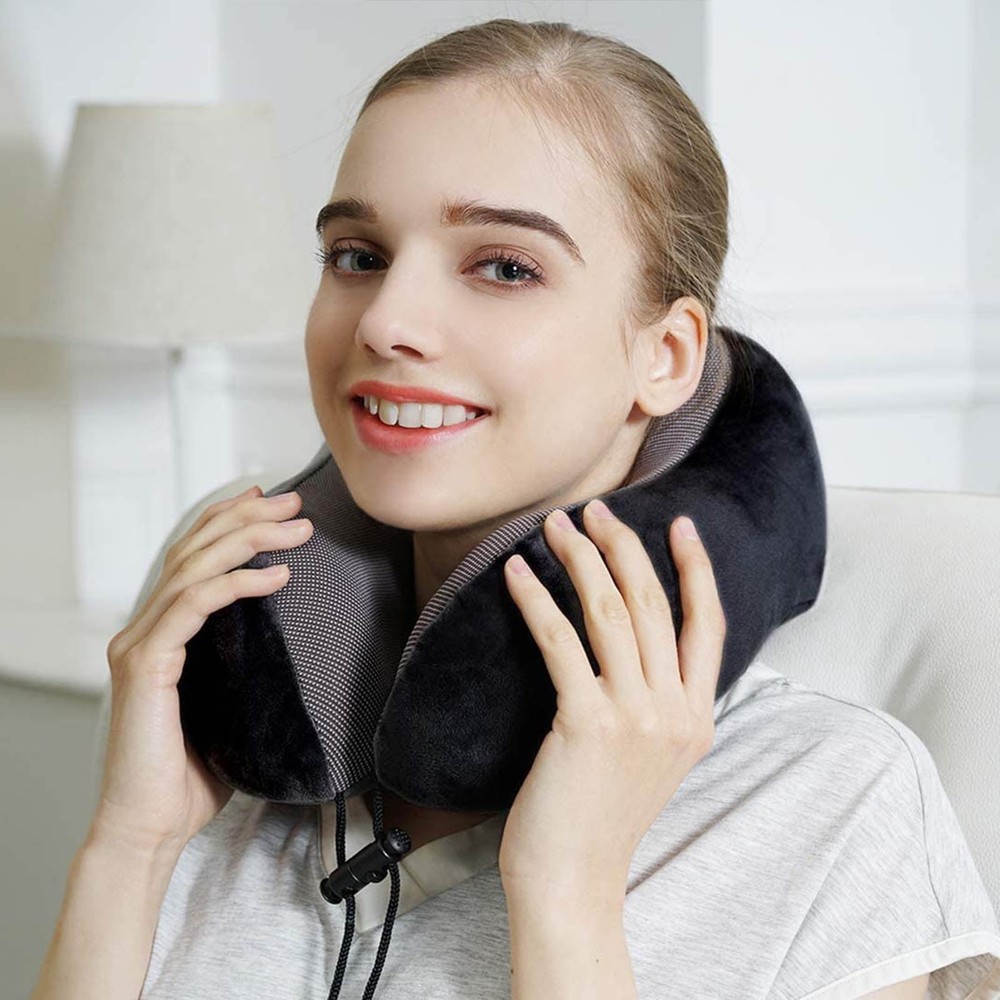 Travel Neck Pillow Set with Mask, Earplugs & Storage Bag - Black
