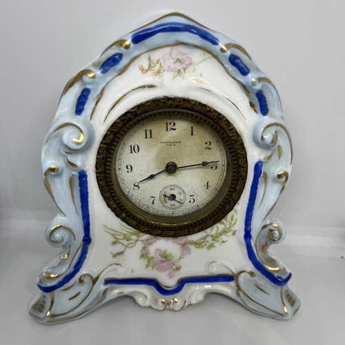 Antique New Haven Wind Up Clock, Porcelain Floral Case eBay