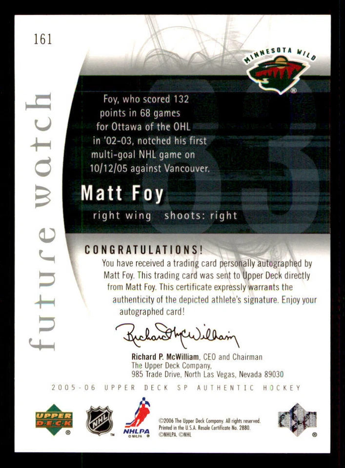 2005-06 SP Authentic #161 Matt Foy AU RC /999 (ref 240324) - Image 2 of 2