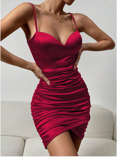Burgundy Allurite Ruched Wrap Hem Satin Cami Bodycon Dress Sz XS S M L