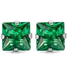 5mm Square CZ Stud Earrings May Birthstone Green, Hypoallergenic Stainless Steel