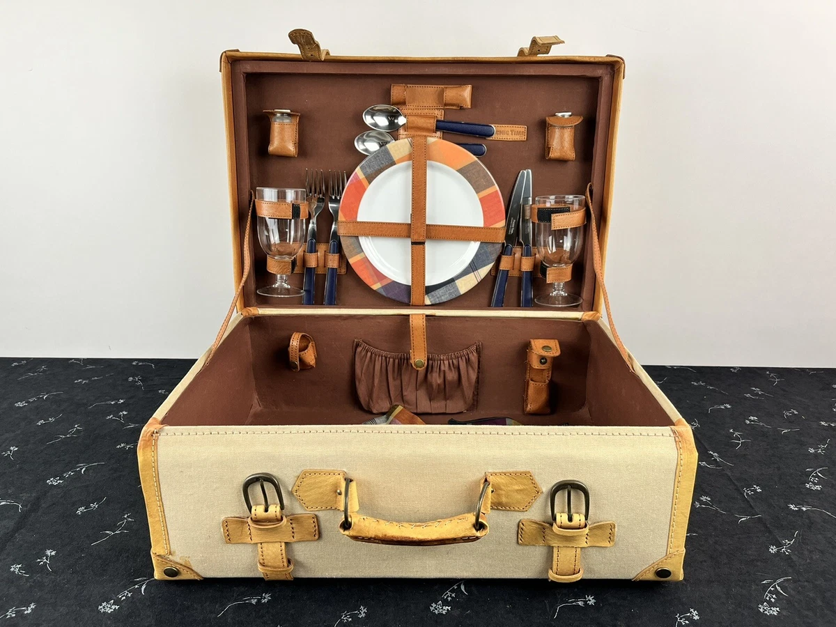 Vintage Picnic Time - Leather u0026 Canvas Hard-shell Case Travel Set Beige |  eBay