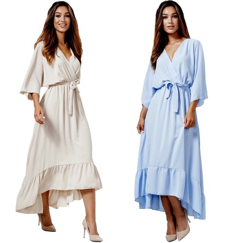 Damen Sommer Midikleid V-Ausschnitt Wickelkleid Freizeit Strand Rüschen  Kleid | eBay