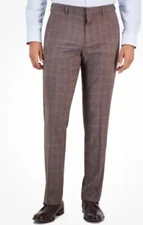 New Perry Ellis Portfolio Slim Fit Brown Windowpane Stretch Dress Pants 32 x 30