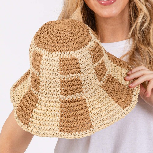 Pink, Brown or Black 2 Tone Straw Bucket Hat - Picture 3 of 14