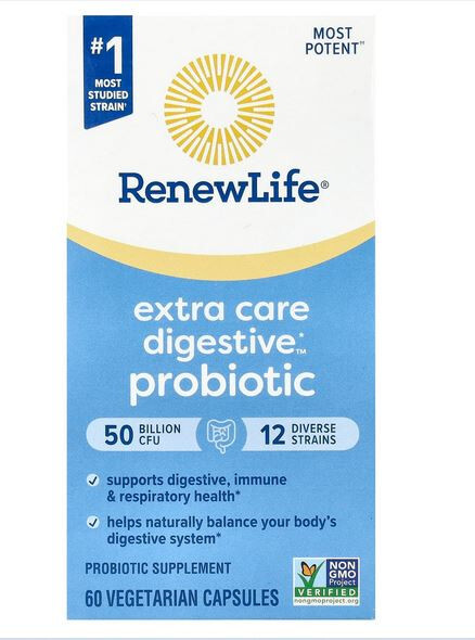RENEW LIFE Extra Care Digestive Probiotic 50 Billion CFU, 60 Vegetarian Capsules