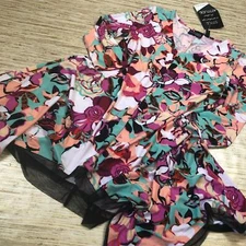 2725 Attitudes by Renee Printed Hi-Low Hem Mesh Trim Tunic GARDEN FLORAL Sz XS