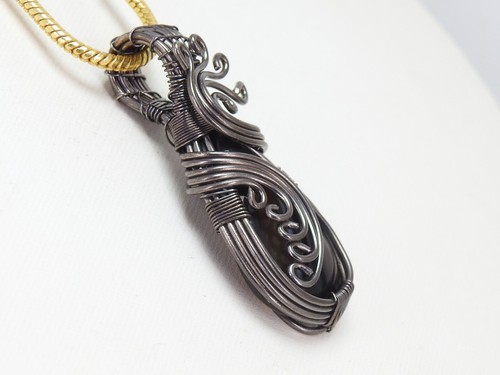 Black Strip Agate Brass Pendant Silver Oxidised Polished Wire Wrapped Jewelry - Picture 5 of 8