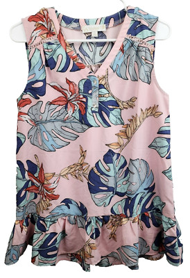 Weekend by Suzzane Betro Womens Sleeveless Floral Top Small Pink Tropical Ruffle