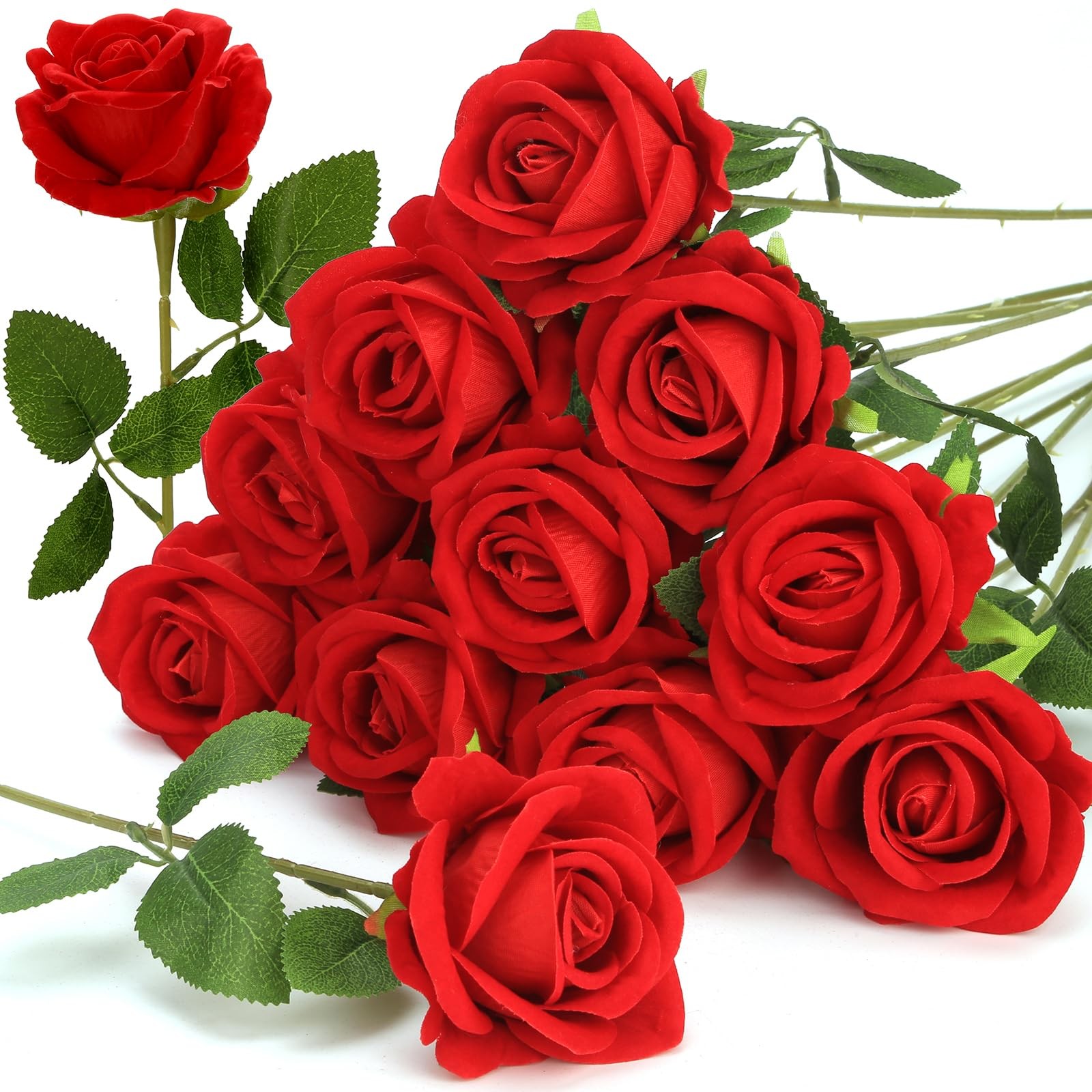 12 Pcs Red Roses Artificial Flowers, Fake Velvet Silk Roses in Bulk for Home ...