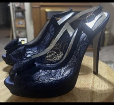 Stilettos Navy Size 6 Lacy Open Toe With Bow Dressy - Sparkly Sole Woman's SEXY