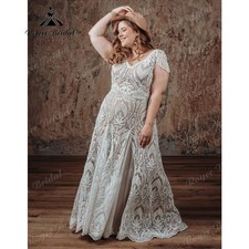 Vintage Cap Sleeve Plus Size Lace boheme Wedding Dresses Bridal Gown for Women