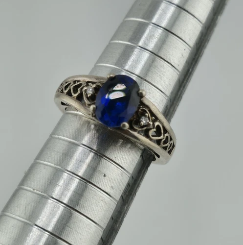 925 Sterling Silver Vintage Blue Cz Sapphire Filigree Heart Band size  5.75