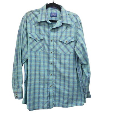 Pendleton Frontier Shirt Mens Large Teal Blue Plaid Western Snap Button Down L