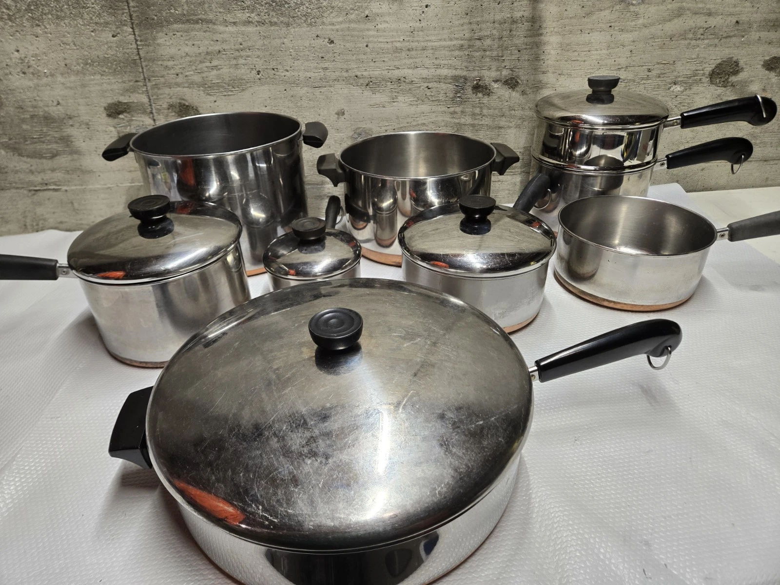 VTG REVERE WARE COPPER BOTTOM 14 PCS COOKWARE SET POTS PANS SKILLETS LIDS (B)