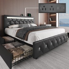 Full/Queen Bed Frame with 4 Drawers Adjustable Headboard Charging Station