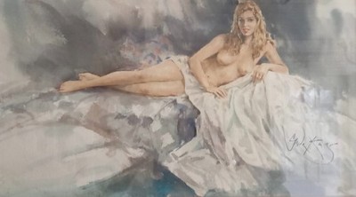 SELTENES GORDON KING ORIGINAL ''Ellie'' blondes Lady Girl kurviges Aquarell GEMÄLDE