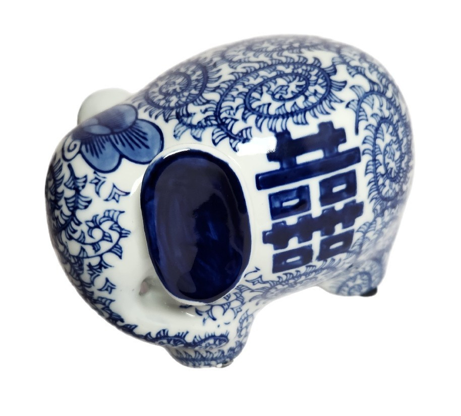 Chinese Chinoiserie Elephant Porcelain Double Happiness Figurine 5" Wedding Gift