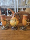 Roseville Vintage Pottery Pinecone Pattern Carmel Brown Pitcher And 2 Bud Vases