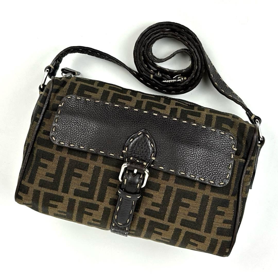 FENDI Selleria Mini Crossbody Bag Hand-Stitched FF Logo Brown Canvas Leather