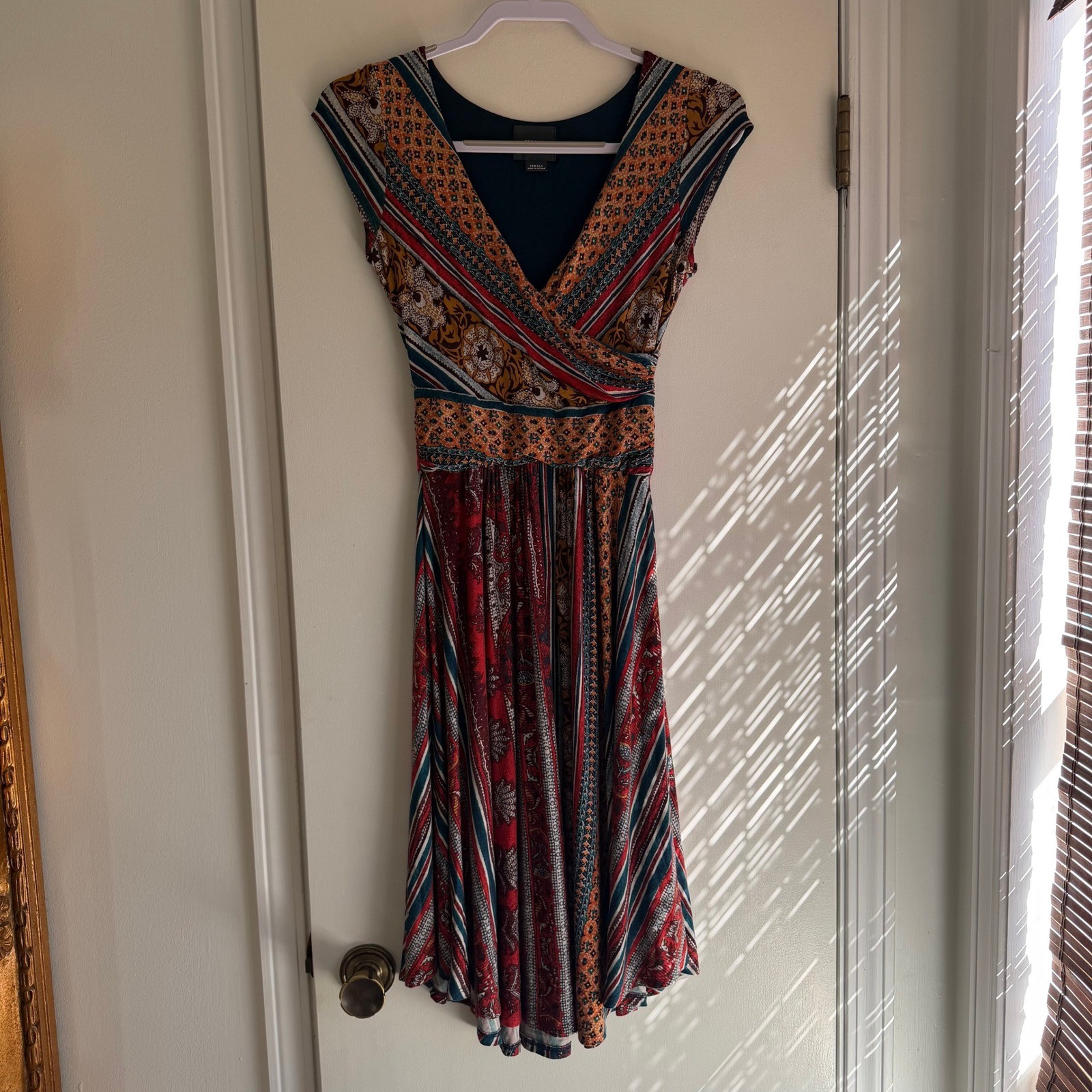 Maeve Anthropologie Mixed Print Surplice Midi Dress Red Teal XS Boho Cap Sleeve