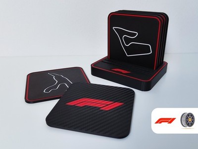 F1 Circuit Outline Coaster Set Black Red Square Plastic with Holder, 6 Pieces