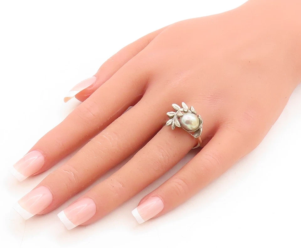 Anillo Banda Oro 14K Vintage Brillante Azul Perla Floral Motivo Hoja Talla 7 GR064 Foto 3 de 4