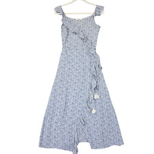 Madewell Dress Womens 00 Blue Floral Wrap Ruffle Tassel Tie Maxi Sundress Boho