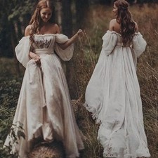 Boho Off Shoulder Wedding Dresses Puff Sleeves Lace Applique A-Line Bridal Gowns