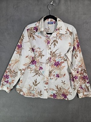 Ship 'n Shore Vintage 70 s Boho Floral Lilac Button-Up LS Blouse Shirt Large 
