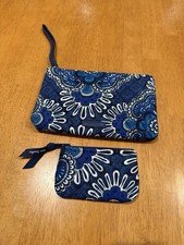 Vera Bradley Blue White Fabric Zippered Makeup Bag Set with Wrist Strap