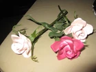 Vintage Porcelain Pink Roses Plastic Long Stem &  Leaves 7" long
