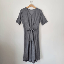 Zara Trafaluc Houndstooth Tie Waist Midi Dress Black White Short Sleeve Size S