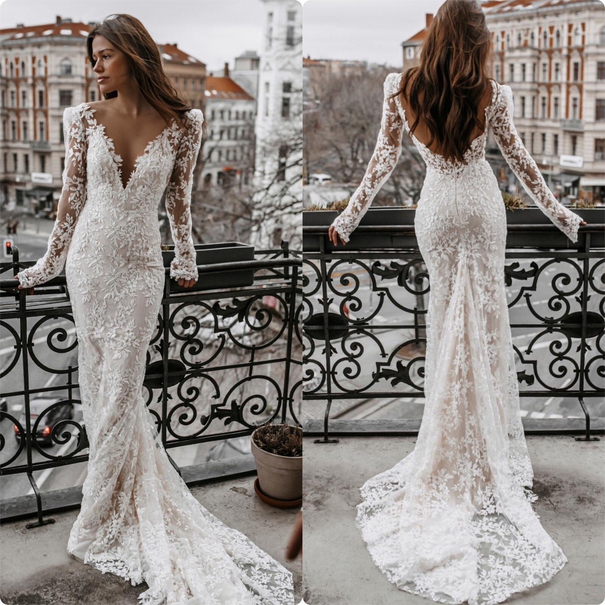 knee length dresses for ladies Beaded Floral Lace Plunging A-Line Wedding Dress Light Ivory main image 0