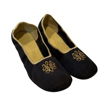 Vintage 1960s Bertlyn New York Black Flats Embroidery Mini Heel Made USA 8-8.5
