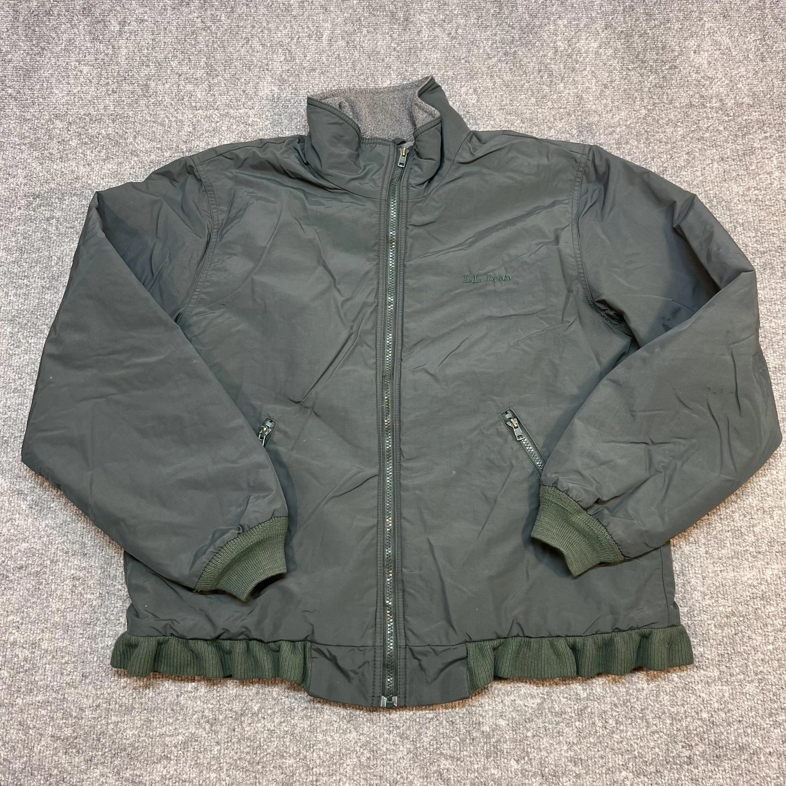 L.L. Bean Jacket Mens Medium Green Bomber Fleece Lined Full Zip Warm Outdoor