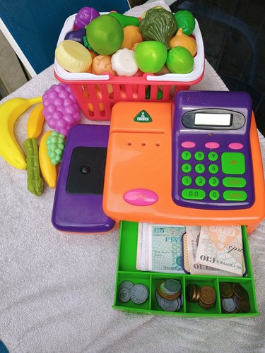 Early learning centre orange till with scanner belt, money drawer, basket, fruit