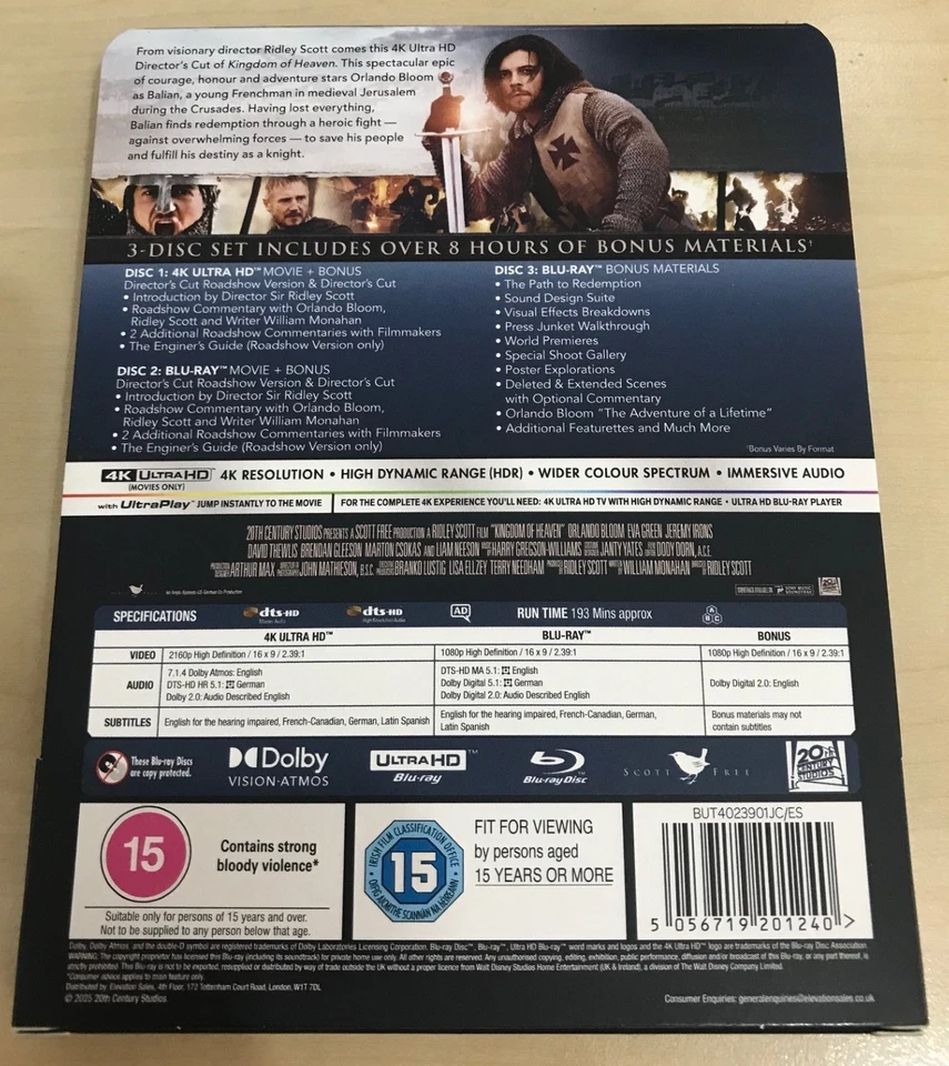 KINGDOM OF HEAVEN, 4K UHD & REGION FREE BLU RAY 3 DISK STEELBOOK & J CARD - Image 2 of 4