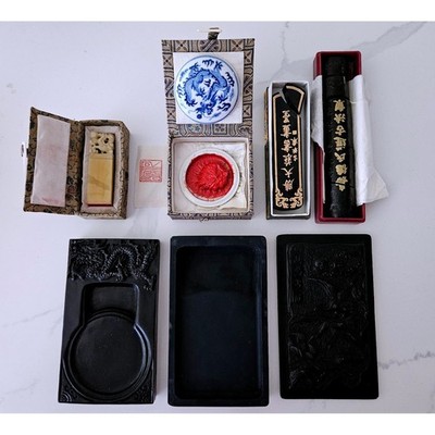 Vintage Chinese Calligraphy Set Dragon Soapstone Seal Ink Stone Sticks Multi