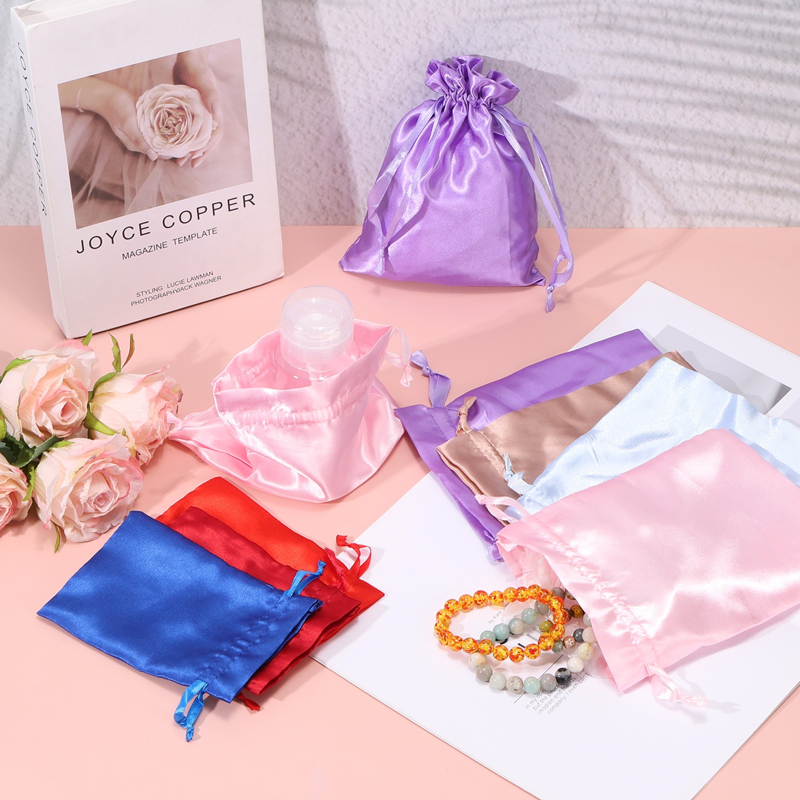 12Pcs 5.9" x 3.9" Satin Drawstring Favor Bags Satin Gift Bags, Light Purple