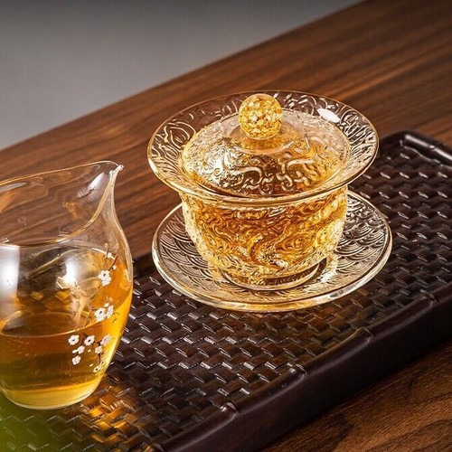boutique gaiwan glass handmade dragon carved Chinese Sancai bowl lid saucer new - Picture 11 of 11