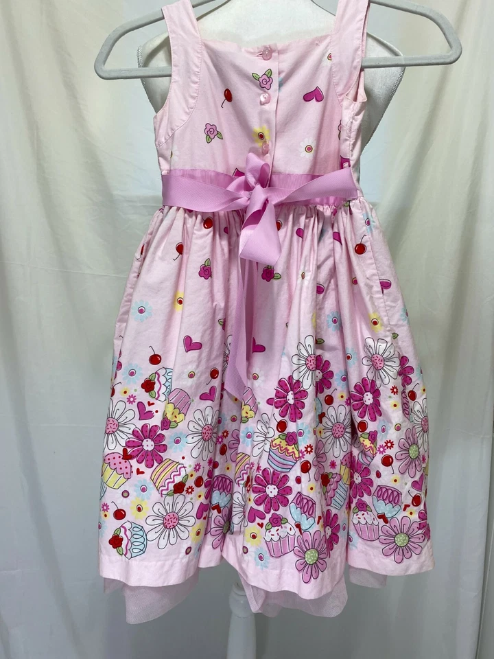 Vestido Savannah Flores Cupcakes Cerezas Rosa Niñas Talla 7 Botón Lazo Atrás Foto 2 de 4