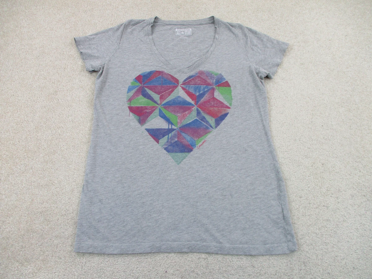 Converse Shirt Womens Medium Gray Blue Heart Chuck Taylor V Neck