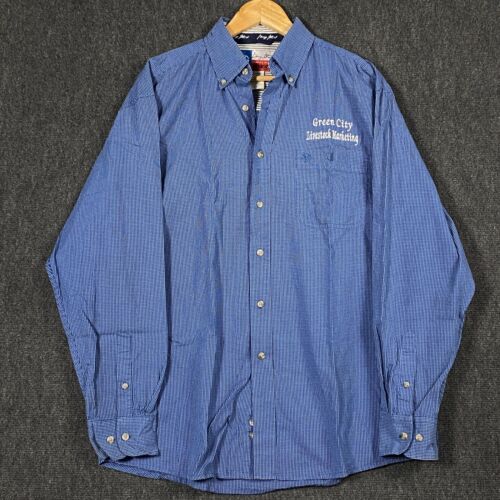 Wrangler Mens George Strait Cowboy Cut Button Down Shirt Blue Check Large Pocket - Afbeelding 1 van 18