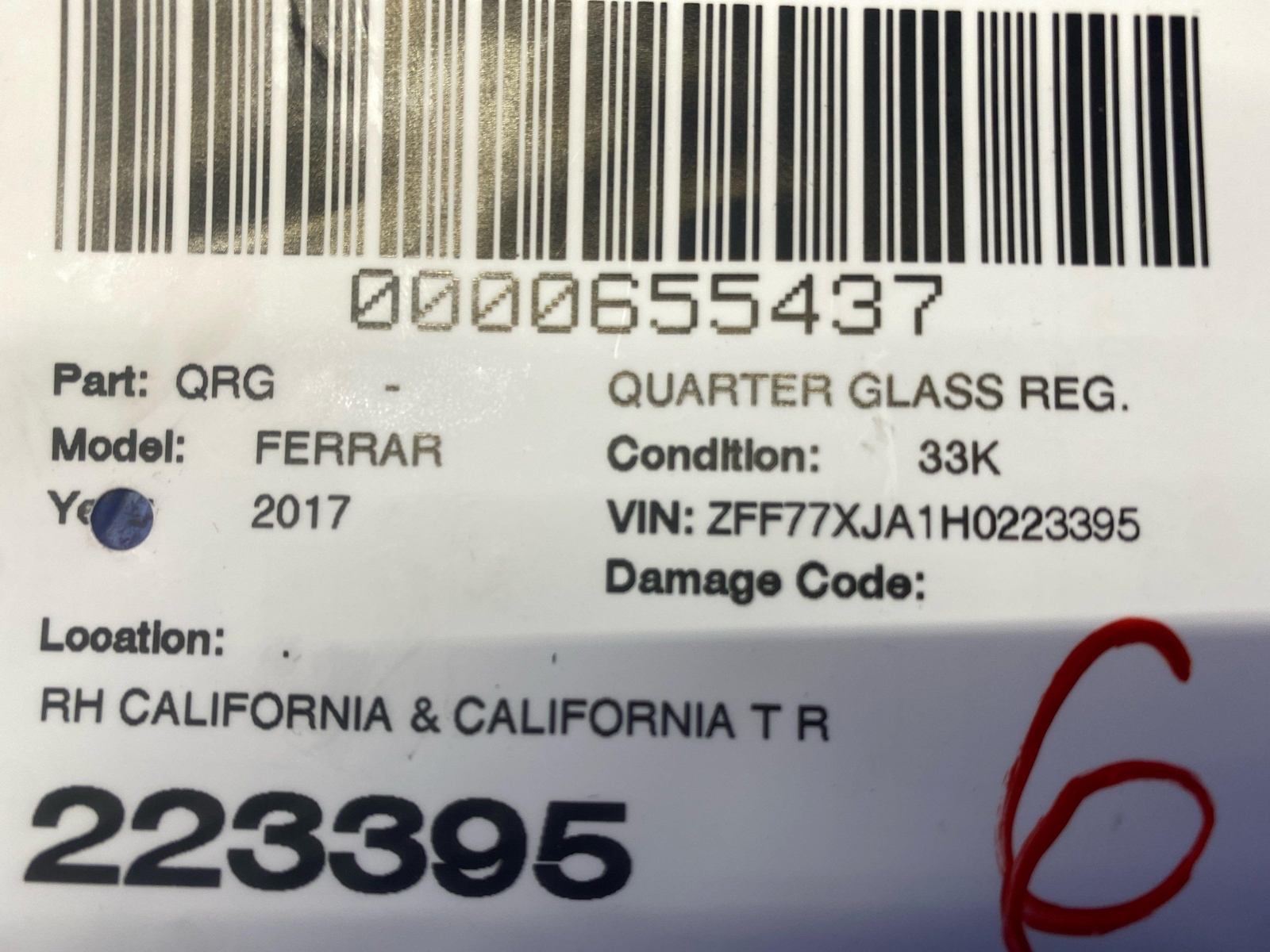 2008-2018 FERRARI CALIFORNIA T REAR RH QUARTER WINDOW GLASS REGULATOR BRACKET