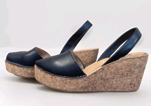 Navy Blue Leather Cork Wedge The Spanish Sandal 39