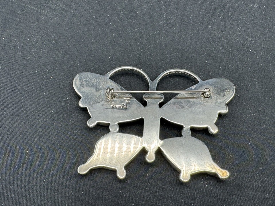 JEANNE & FELIX TSINIJINNIE Sterling Silver Onyx Butterfly Brooch 2 3/4 ...